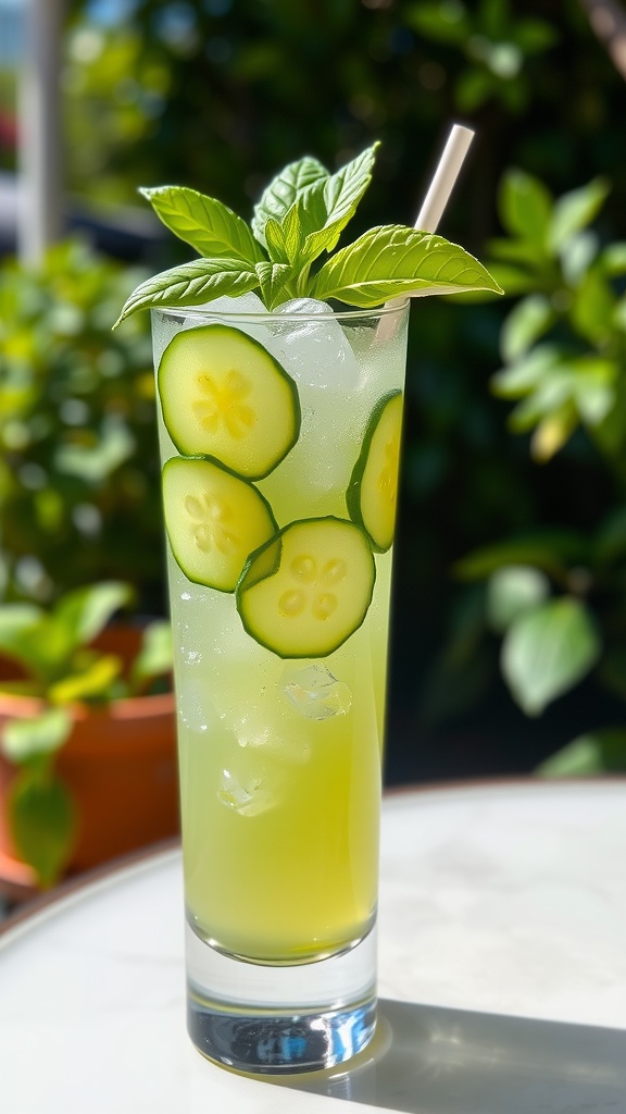 A cucumber basil tequila cocktail in a glass with ice, garnished with cucumber and basil in a sunny outdoor setting.